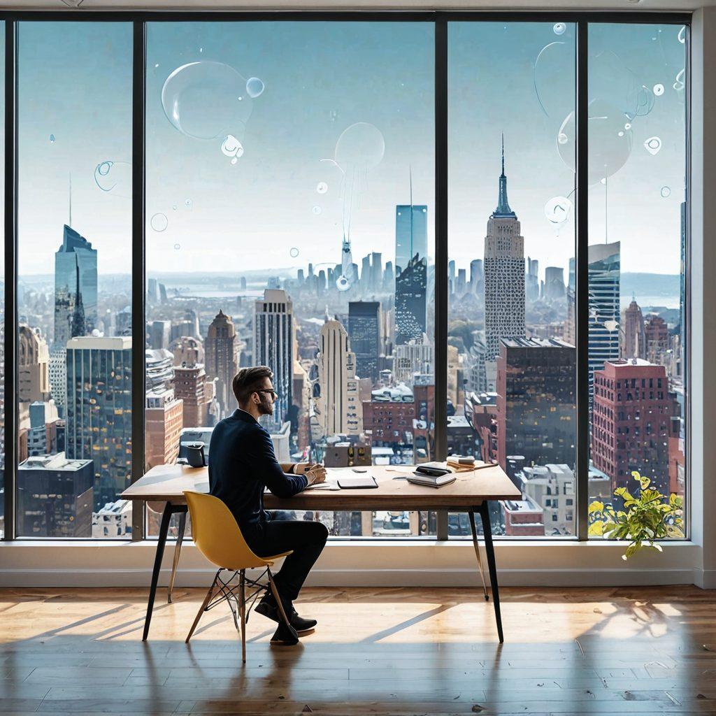 An image depicting a writer at a sleek, modern desk surrounded by virtual floating text bubbles, organized into concise, impactful phrases. The background features a cityscape through a large window, symbolizing the vast information outside being distilled into key points. Bright, minimalistic, and clean design aesthetic with a focus on clarity and efficiency. vector art. vibrant colors. white background.