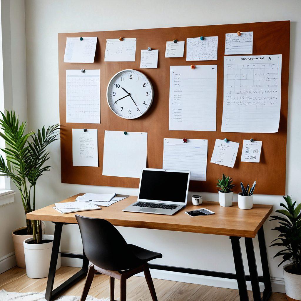 A sleek, modern workspace with a laptop showing a concise webpage, papers with brief notes scattered strategically, and a clock emphasizing time-efficiency. A content creator pens impactful points on a whiteboard, symbolizing refined thought and clarity. Vibrant and minimalist design. super-realistic. vibrant colors. white background.
