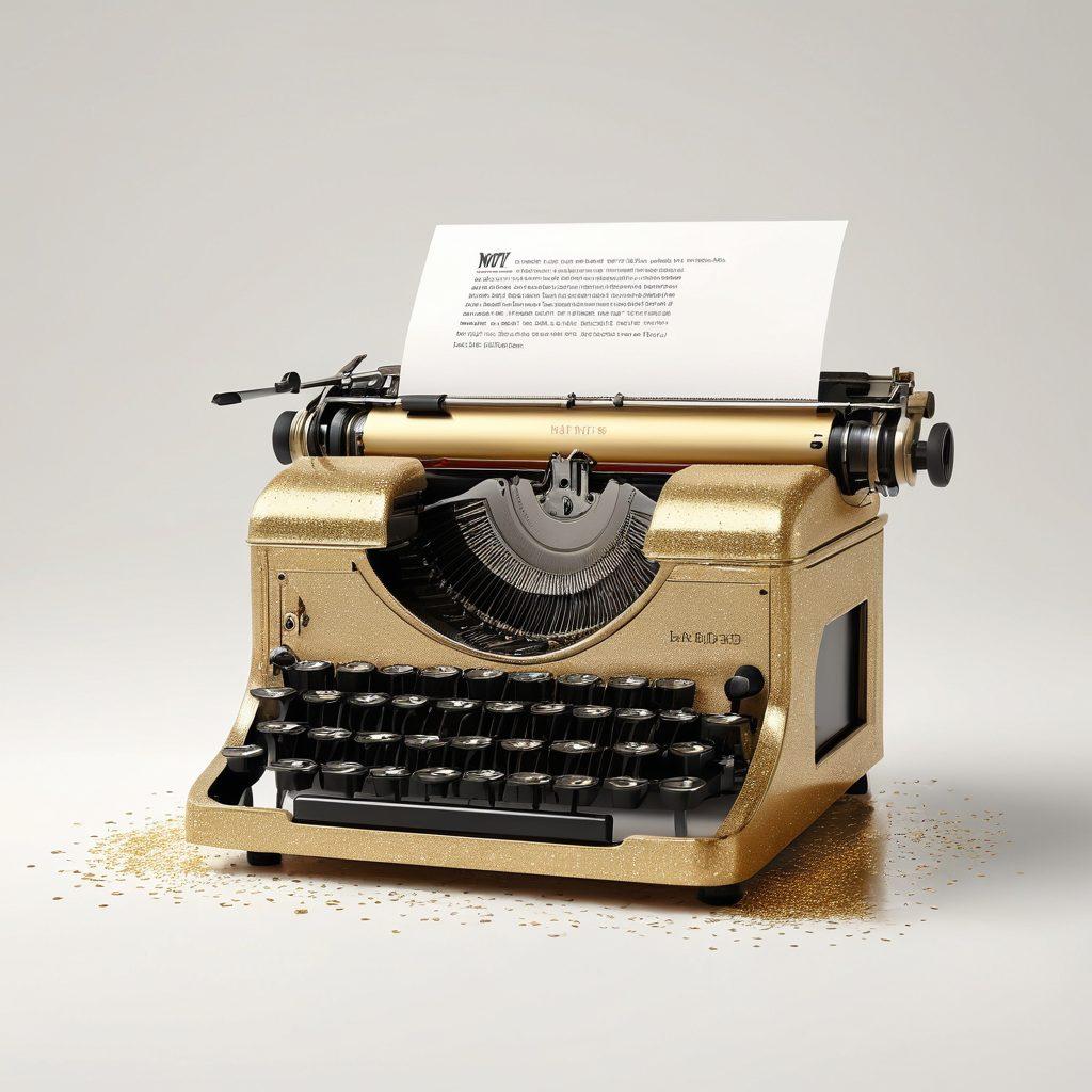 A minimalistic typewriter producing a concise, crystal-clear document. The background features a symbol of balance scales to represent efficiency and impact, with wisps of words turning into gold glitter as they leave the typewriter. super-realistic. vibrant colors. white background.